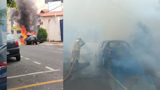 Carro pega fogo na rua Dom José Gaspar, no Centro de Araxá