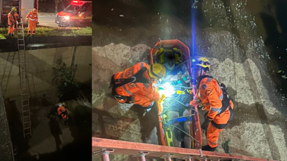 Homem cai de cerca de cinco metros em canal e é resgatado pelos bombeiros na noite de sábado (28), em Araxá